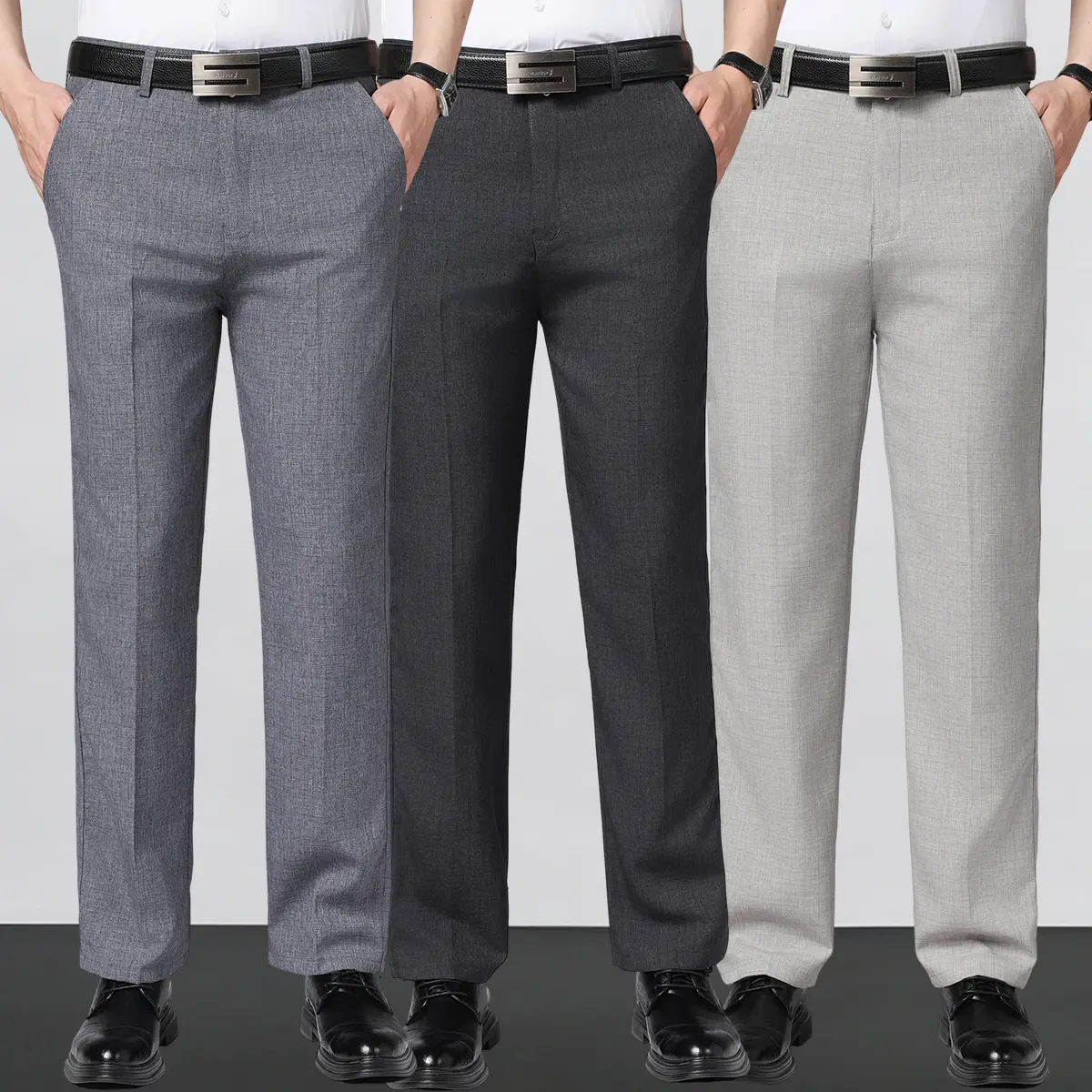 3pcs Men'S Casual Dress Pants Stretch Straight Leg Pants, Classic Versatile Dress Pants, Mid Waist Design, Men'S Breathable Lightweight Casual Fashion Light Business Dress Pants
