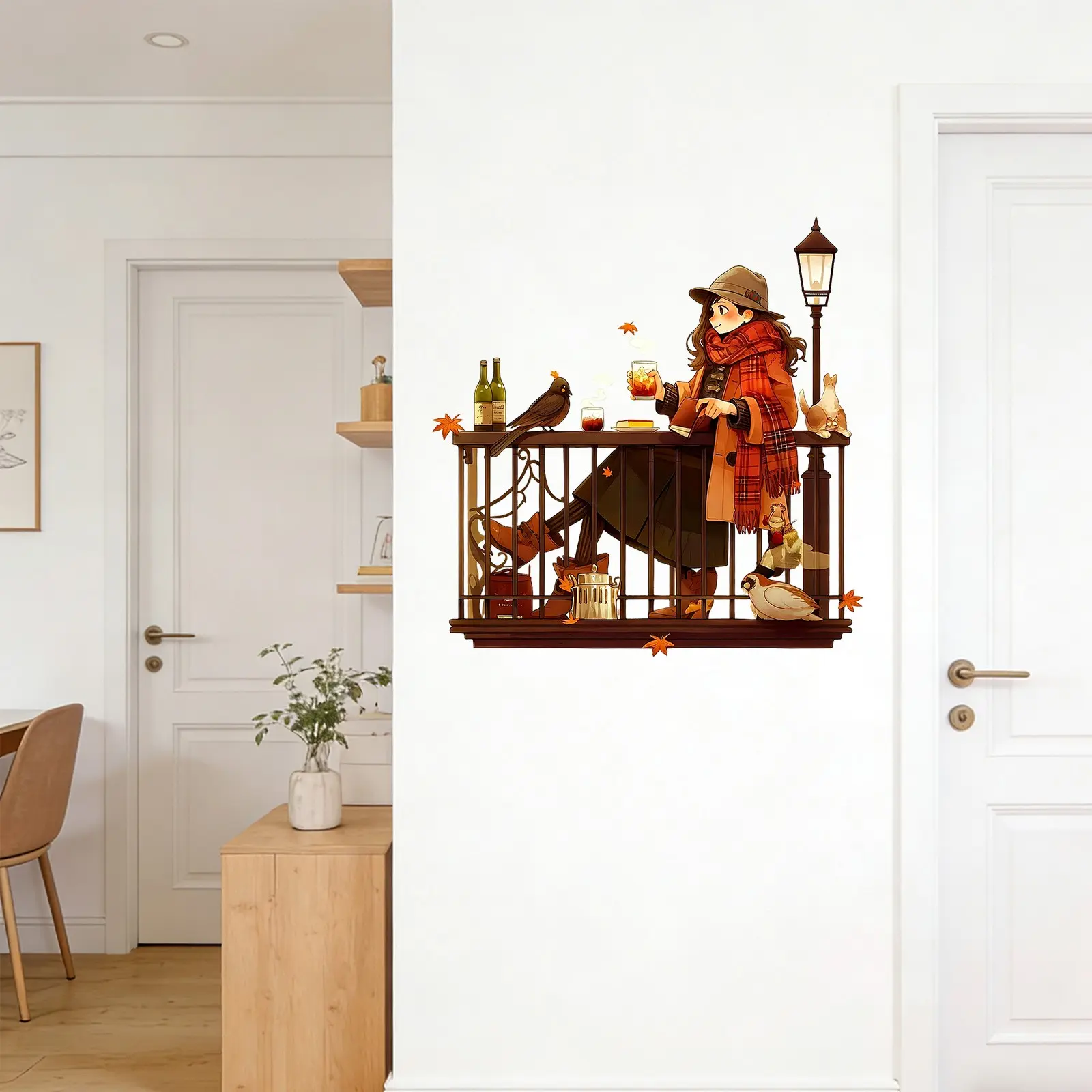 A fall girl balcony scene wall sticker, vintage rustic style wall decor, stunning home decoration, suitable for living room, bedroom, apartment, warm seasonal wall decoration