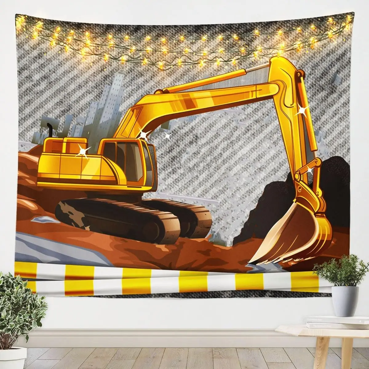 Feelyou Cartoon Excavator & Truck Heavy Machinery Tapestry Wall Mural, 59.1x82.7in Synthetic Soft Lightweight Machine-Wash Wall Decor for Adult Bedrooms, Vivid Colors for Indoors Use