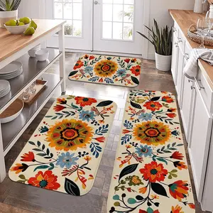 Product: Sponge Thickness: 1.2cm, Density: 18D 2/3pcs Soft Kitchen Mat, Red Floral Pattern Kitchen Mat - Non-slip Indoor Mat, Fleece Material, Suitable for Kitchen, Living Room, Corridor, Four Seasons Decoration