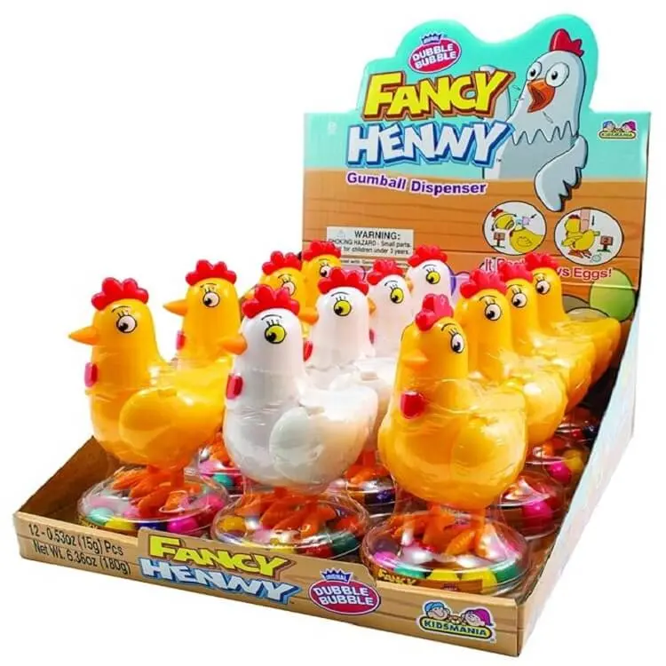 Dubble Bubble Fancy Henny 12 ct. - Sweet and Hard Gum Balls in Chicken Shaped Toy - 12 Count Pack Snack Corn Artificial Sugar