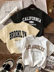 3pcs Set Women'S Casual Loose Minimalist Retro American Style English Text Graphic T-Shirt, Suitable for Summer And Spring, Top