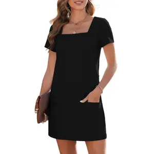 Women's Solid Color Casual Align Dress Square Neck Short Sleeve Comfort Basic Mini Dresses with Pockets 2026 Womenswear Minimalist Springtok Summer Outfits