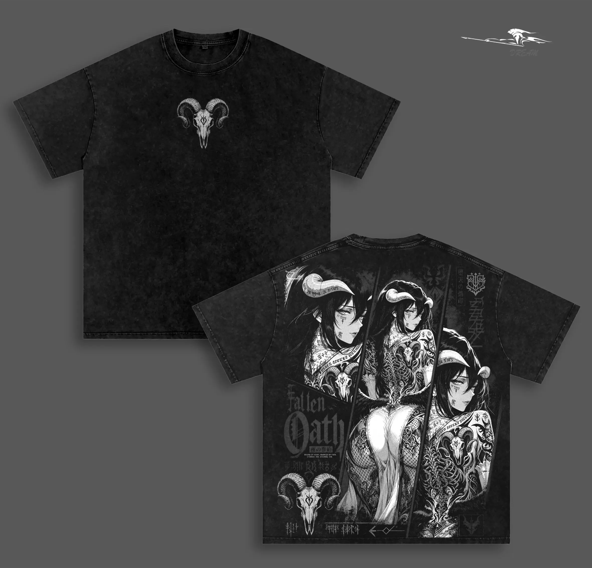 Gothic Albedo Overlord Anime Double Printed Vintage Washed Tee Unisex Oversize Anime Manga Washed Heavyweight Cotton T-shirt
