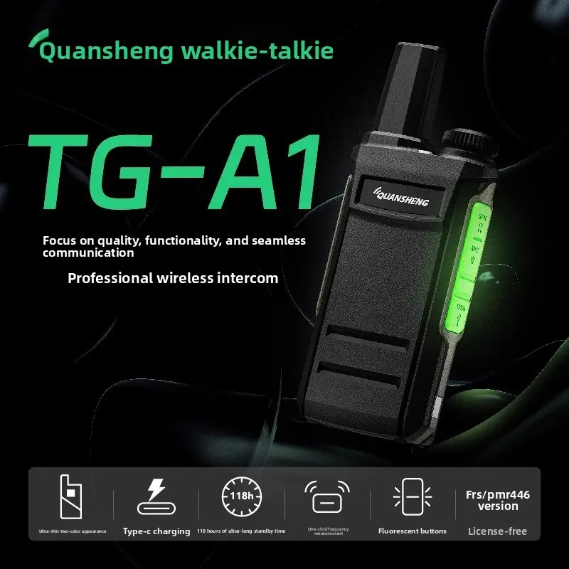 Quansheng TG-A1 Long-Range Handheld Walkie Talkie, 16-Band Wireless Rechargeable Device with USB-C Charging, Small & Portable Design, 118 Hours Ultra-Long Standby Time, Fluorescent Buttons, Walkie Talkies