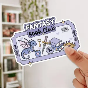 Fantasy Book Club Sticker - Purple Ticket Design with Dragon & Books for Fantasy Enthusiasts - Ideal for Fantasy Literature Lovers