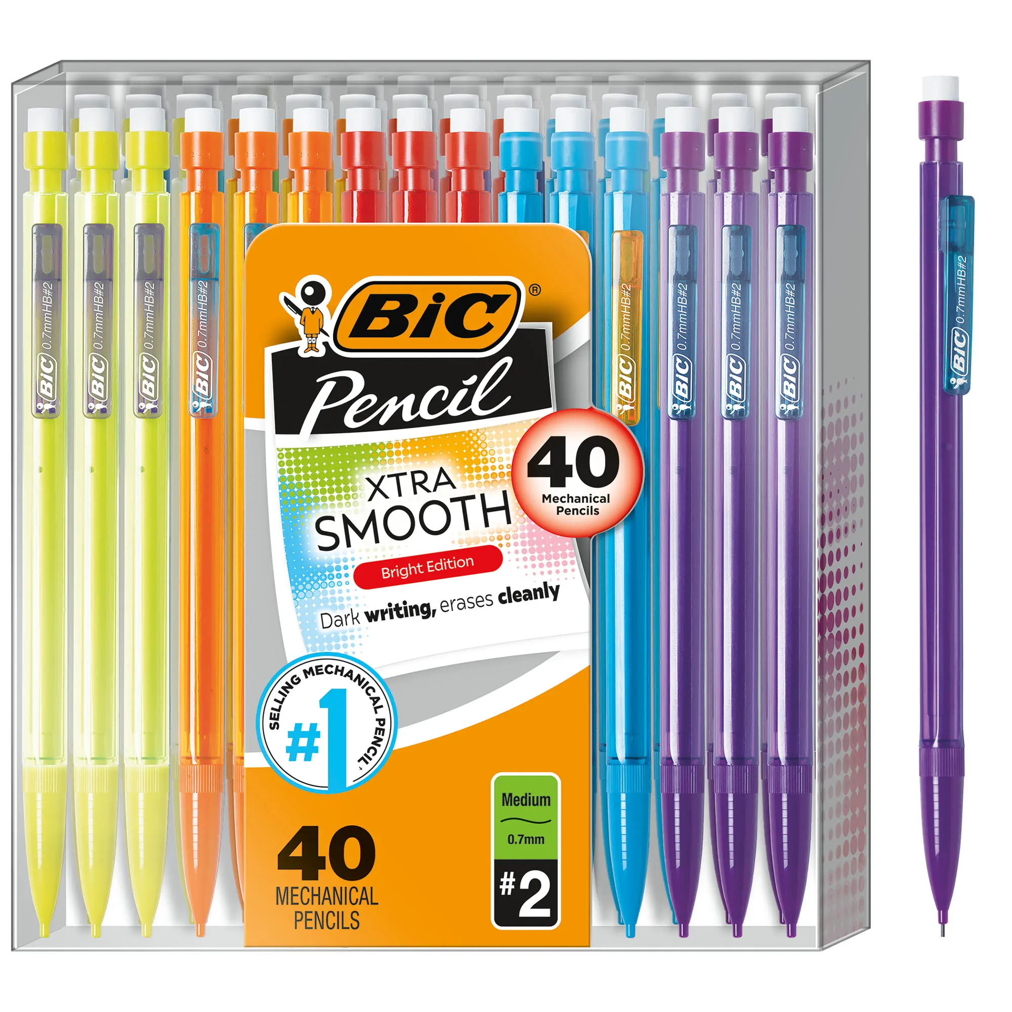 BIC Xtra-Smooth Mechanical Pencils with Erasers - Bright Edition, 0.7mm Medium Point, 40-Count Bulk Pack, Affordable Pencil for School Supplies Haul, Office Stationery