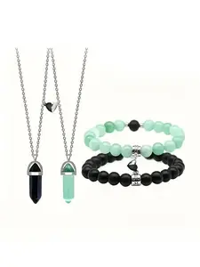 4-piece set of heart-shaped magnet west bracelet+hexagonal pillar necklace suitable for daily wear, vacation and dating occasions, and also a surprising and exquisite small gift