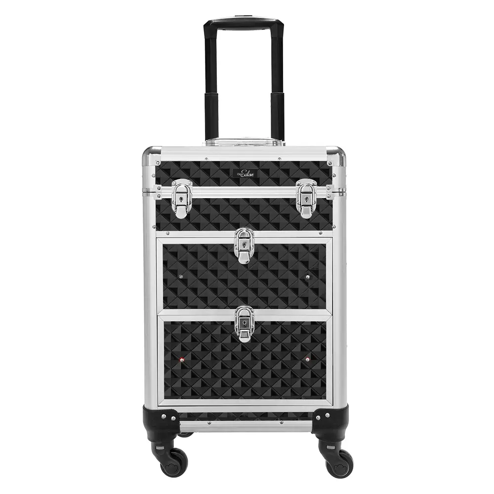 Professional Rolling Makeup Train Case, Aluminum Cosmetics Organizer with Diamond Texture, Lockable Trolley with 4 Detachable Wheels, 2 Drawers & Dividers for Travel, Makeup Organizer