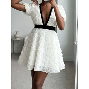 Women's V-Neck A-Line Mini Dress with 3D Rose Short Sleeves & Color Block Waist-Fitted Bodice - Short Length Wedding Dress Suitable for Parties, Dates, Spring/Summer Formal Occasions, Hand Washable Elegant Dress