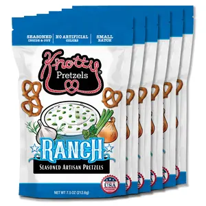 Ranch 6pk. Knotty Pretzels “The Official Pretzel of Beer” 7.5 oz Individual Seasoned Pretzels in Resealable Pretzel Snack Bags, The Perfect Pairing for Beer, Ranch Flavor (6-Pack)