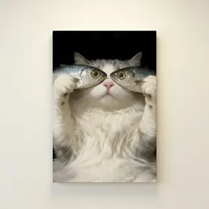 Funny Cat Holding Fish Canvas Wall Art - Quirky Kitty Canvas Print, Ready-to-Hang Home Decor, Decoration for Feline Lovers’ Living Room, Bedroom lovely gift