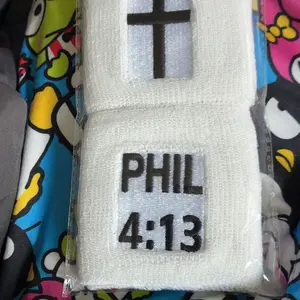 Christian Sweatband 2 Pack with Embroidered Cross Design and PHIL 4:13 Text, Sweat-Absorbing Unisex Wristbands for Basketball, Gym and Workouts