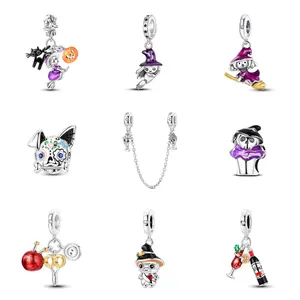 MULA S925 Sterling Silver Halloween Jewelry Series II includes witch, cute skull, black cat, Day of the Dead patterns, perfect holiday jewelry gifts for women and girls, compatible with Pandora bracelets
