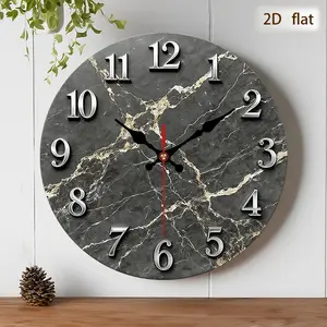 2D flat design. 1 piece set. Light luxury black gold marble patterned wall clock, silent decorative wall clock, creative wall clock, suitable for bedroom, living room, and office decoration, 25/30cm (excluding AA batteries), 2D flat version
