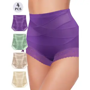 QUASTI Women's 4PCS High-Waist Spandex Panties - Crossover Tummy Control, Soft Skin-Friendly, Breathable, Elegant, Highly Elastic, Minimalist Basic Fit, Lace-Enhanced, Comfortable Everyday Wear, S-XXL