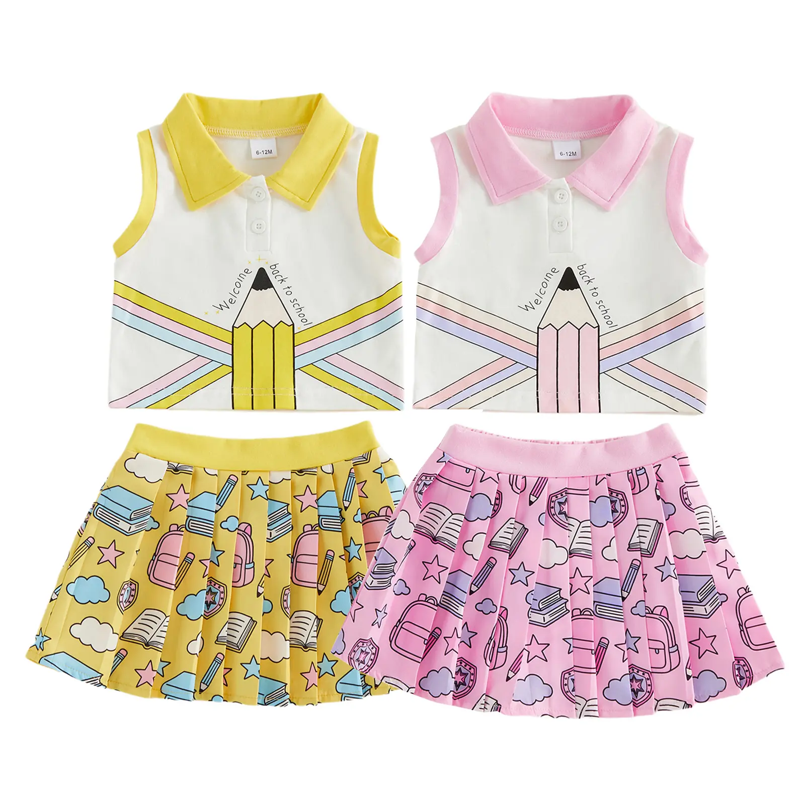 Toddler Baby Girl Back to School Outfit Sleeveless Polo Shirt Crop Tank Tops Preppy Pleated Skirt 2Pcs Set First Day of School Clothes
