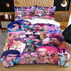 K-Pop Anime Girl Group Duvet Cover Set, Includes 1 Duvet Cover and 1-2 Coreless Pillowcase, E Trendy Anime Style Bedding Set with Various Fashionable Poses, Comfortable Fabric Easy Care, All Seasons Use