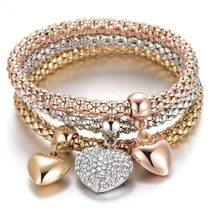 3pcs/Set Silver Rose Corn Chain Bracelet, Tree Of Life Heart Shape Elastic Combination Bracelets