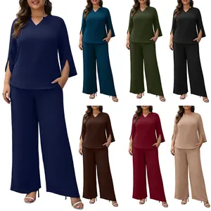 [1X-5X]Women's Plus Size 2 Piece Outfits Dressy 3/4 Sleeve Blouse Wide Leg Pant Work Sets Casual Tracksuit Lounge Set