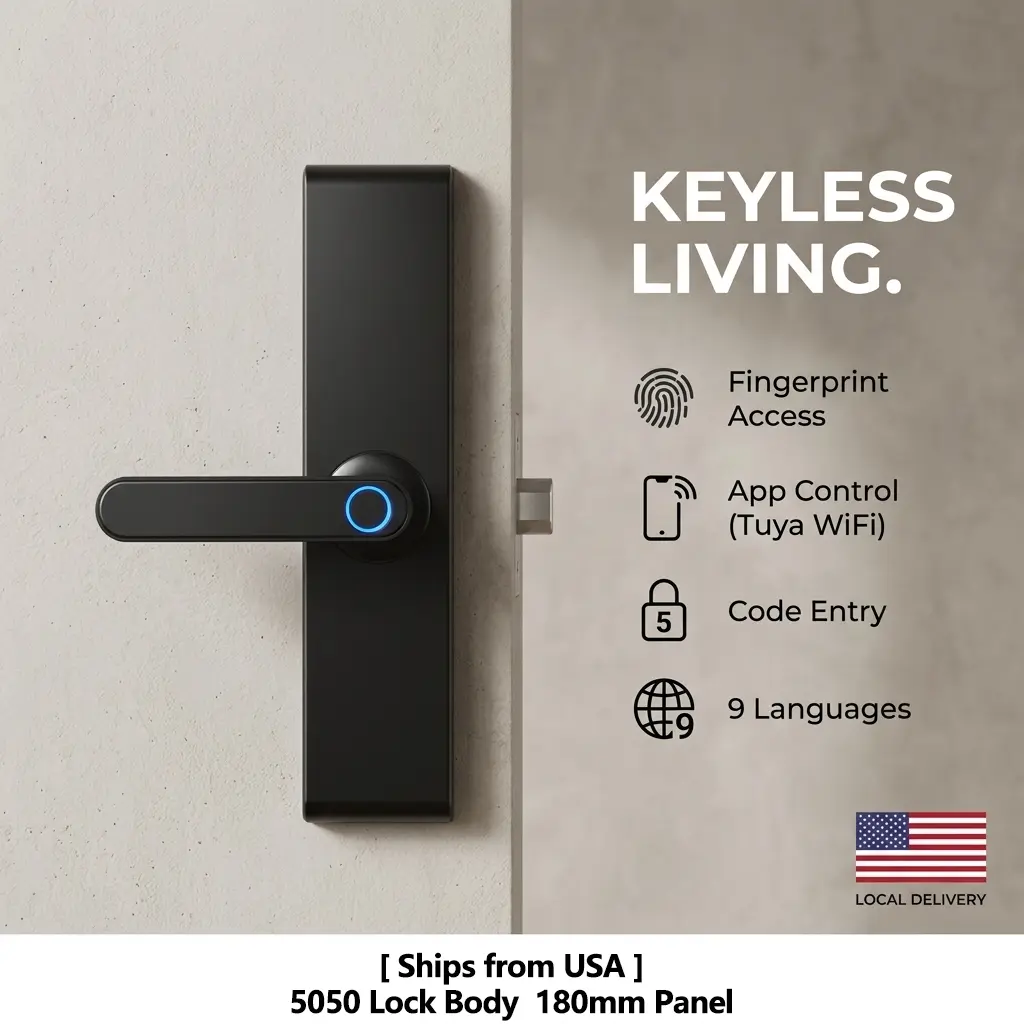 [US Stock] Smart Door Lock with 5050 Lock Body and 180mm Panel, Tuya Wi-Fi Remote Unlock, Biometric Fingerprint Keyless Entry Deadbolt with IC Cards and Keys (Multi-Language Support) Door Security Lock Locking System