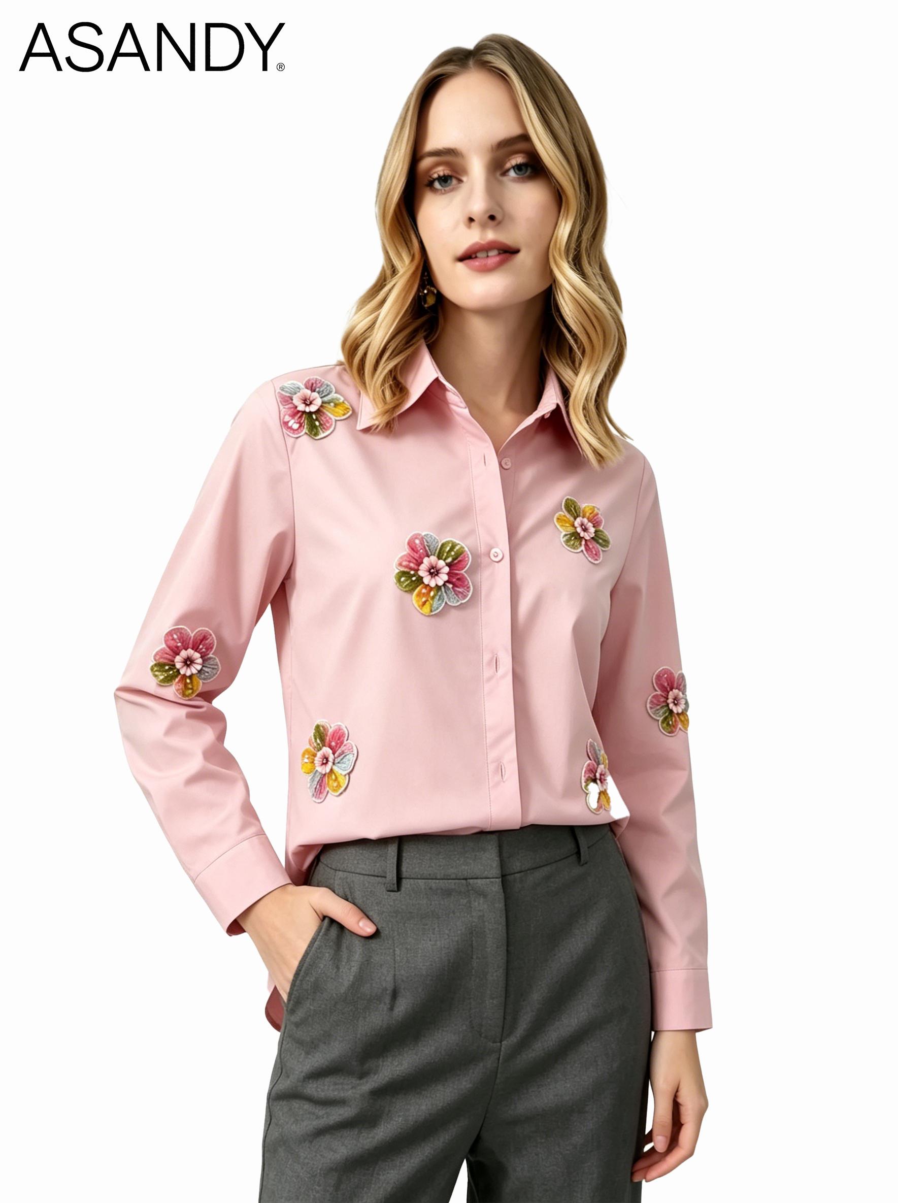 ASANDY Women's Collared Long-Sleeves Top, Pink Button-Down Shirt with 3D Floral Sequin Embroidery, Elegant Casual Blouse for Work & Everyday Wear tiktokshopspringglowup,summervibes