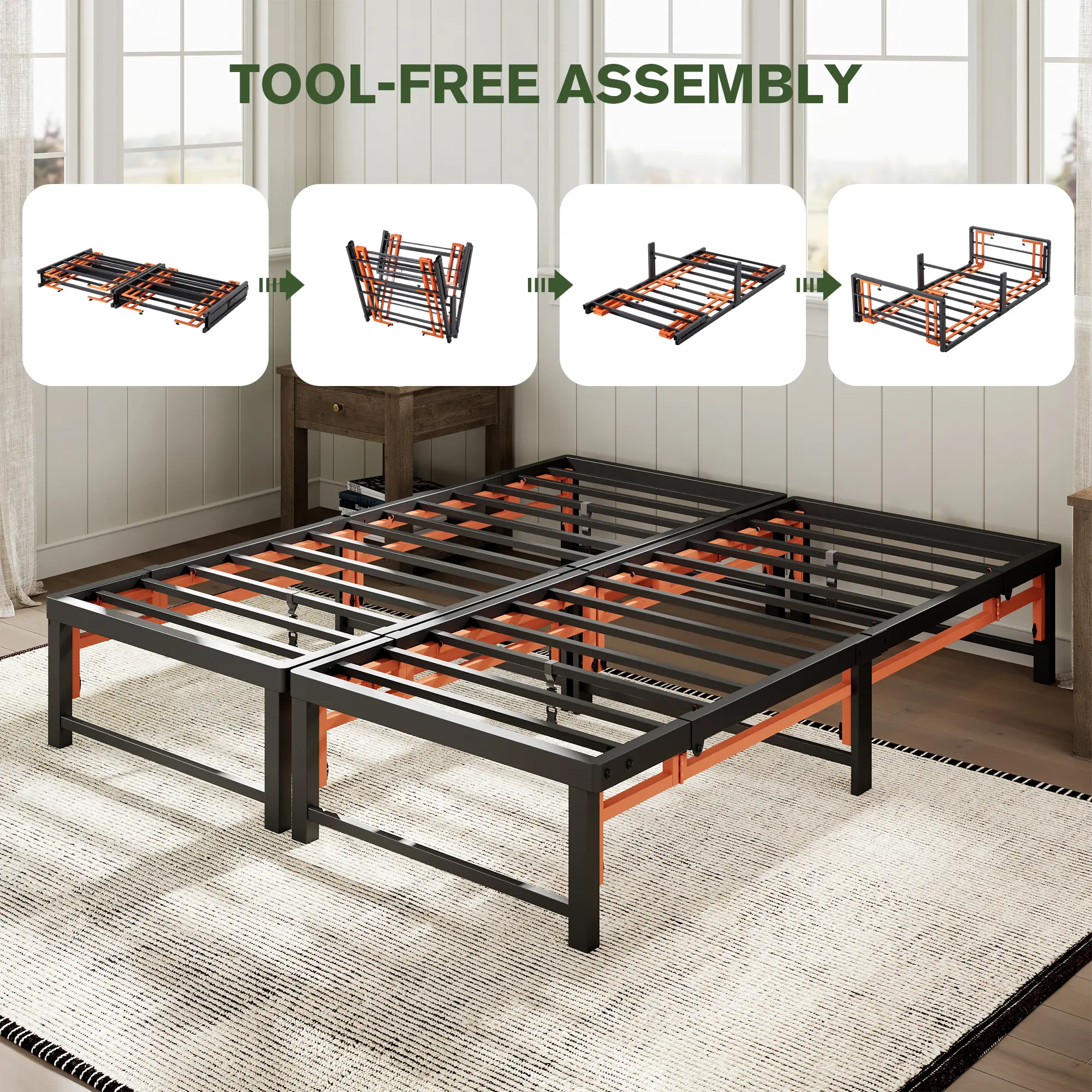 MUTICOR Twin/Twin XL/Full/Queen/King size Folding Metal Bed Frame, Quad‑Fold, Tool‑Free Assembly, 13 Inch Platform, Heavy‑Duty Steel, Foldable for Easy Storage, No Box Spring Needed, Black