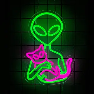 Alien Neon Sign Artwork for Wall Decor Home Decor Aliens Cat Led Lights Signs for Bedroom Green Neon Light for Game Room Man Cave Bedroom Party Decoration Gift for Kids Boys