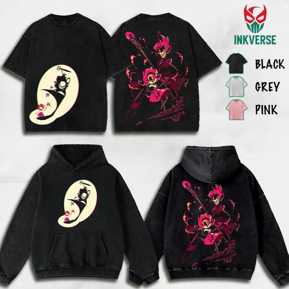 Niffty X Alastor- Hazbin Hotel Wash -Shirt , Back and Front Print, Superhero Fans | Great Gift For Fans graphic tee Cotton Fabric Top Womenswear streetwear lover