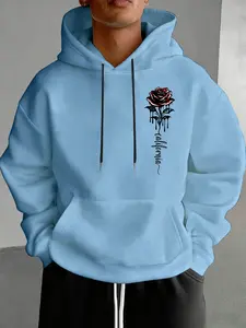 Men's Letter Rose Print Fleece Hoodie, Unisex Casual Hooded Sweatshirt, Fall & Winter Fashion, Floral Pattern, Fitted Style