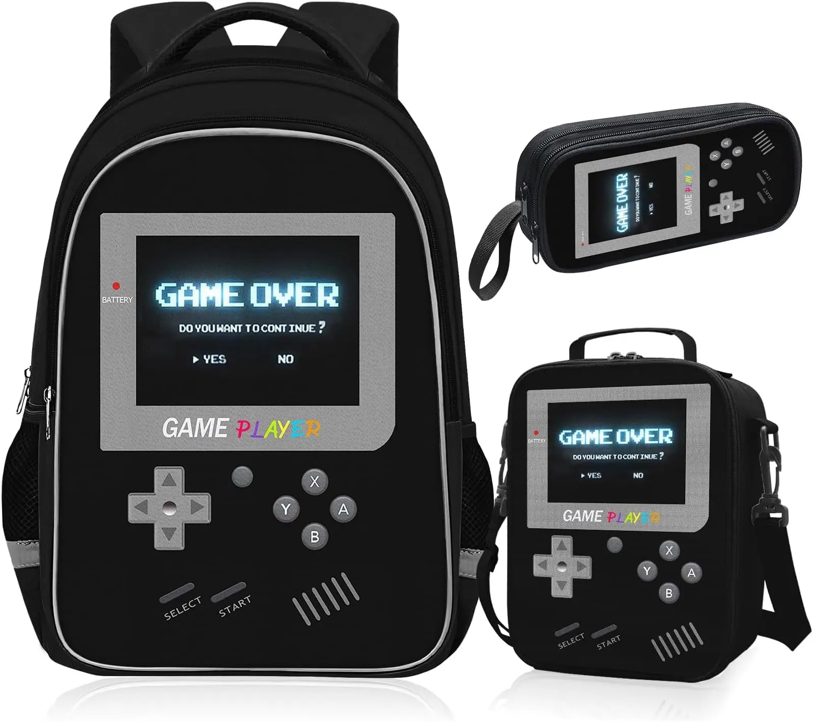 Black 3pcs Backpack Set - Extra-Large 17-Inch Male School Gamer Backpack, Water-Resistant 3-Piece Set with Lunch Box & Pencil Case, Laptop-Fit, Multiple Compartments, Adjustable Padded Straps, Fabric Zip, Gaming-Inspired High-Tech Aesthetic