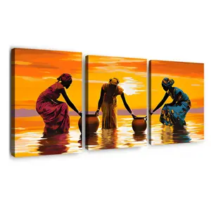 3-Piece African Water Carrier Wall Art, Creative Sunset Silhouette Design, Modern Canvas Prints for Living Room & Hallway Decoration