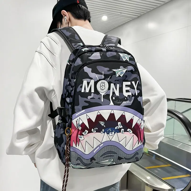 Bold Camo Shark-Tooth Graphic Nylon Backpack with Braided Charm - Lightweight Laptop Travel Daypack for Daily Commute