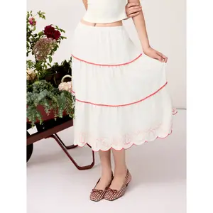 Cider Linen-blend Fruit Embroidery Tiered Scalloped Midi Skirt SwimWeek