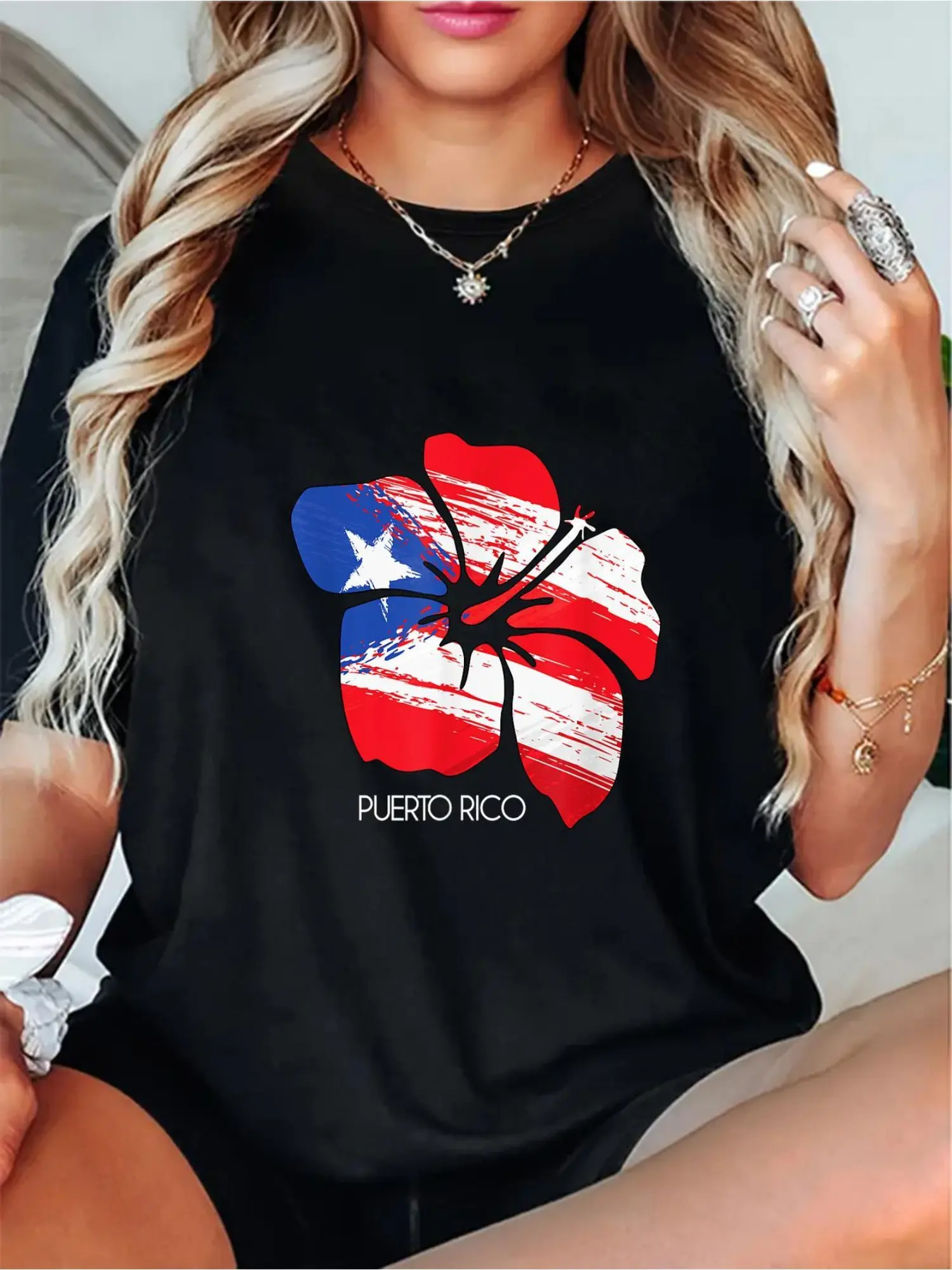 1pc Women's Puerto Rico Amapola Boricua Flag T-Shirt -  Crew Neck Short Sleeve Casual Knit Top with Medium Stretch, All-Season Regular Fit Tee Featuring Puerto Rican Cultural Roots & Spiderweb Graphic Design, Cultural Fashion| Puerto Rican Flag Appar