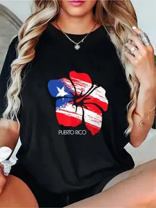 1pc Women's Puerto Rico Amapola Boricua Flag T-Shirt - 100% Crew Neck Short Sleeve Casual Knit Top with Medium Stretch, All-Season Regular Fit Tee Featuring Puerto Rican Cultural Roots & Spiderweb Graphic Design, Cultural Fashion| Puerto Rican Flag Appar