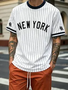 Y2K New York Striped Baseball Jersey Men, Classic Retro Sporty Short Sleeve, Contrast Trim Casual T Shirt, Stylish Jersey, Streetwear & Daily Outfit Essential #springsaledeals2026 #summeroutfits #tiktokshopfashion #menswear