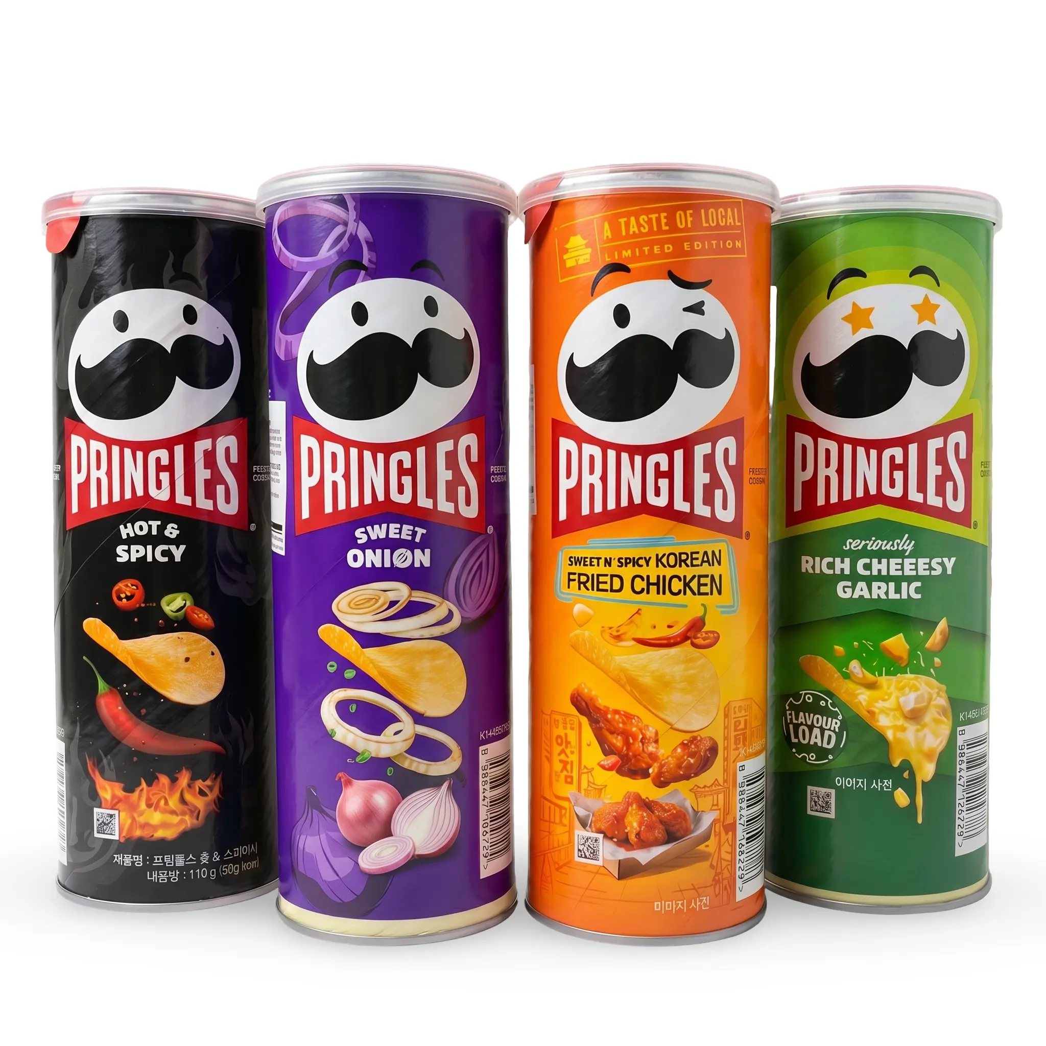 Korean Pringles Exotic Flavor Variety Pack 4 Cans, Hot & Spicy, Korean Fried Chicken, Sweet Onion & Rich Cheeesy Garlic