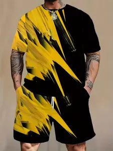Men's 3D Graffiti Art Polyester T-Shirt and Shorts Set, Round Neck, 3D Water Splash Print, Casual Knit Fabric, Slight Stretch, Summer Outdoor Wear