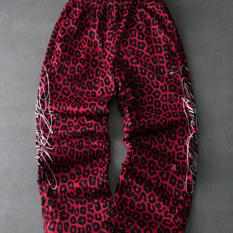 Men's Camo Sweatpants Set, High Waist Oversized Fit, Dual Waistband, Leopard Sticker Text Pattern, Youth Streetwear Street Style Casual Sport Daily Commute, Loose Clothes
