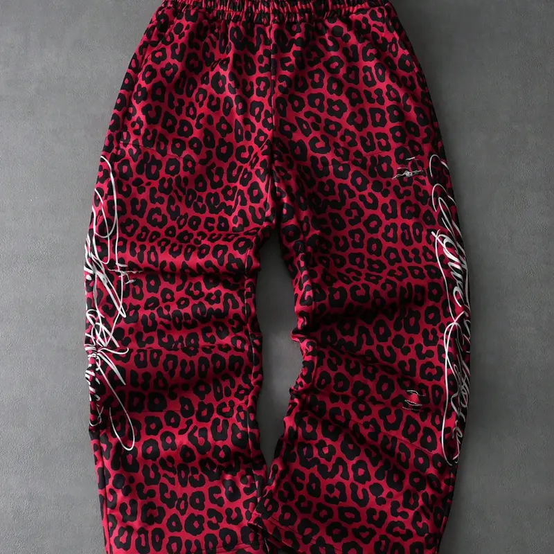 Men's Camo Sweatpants Set, High Waist Oversized Fit, Dual Waistband, Leopard Sticker Text Pattern, Youth Streetwear Street Style Casual Sport Daily Commute, Loose Clothes