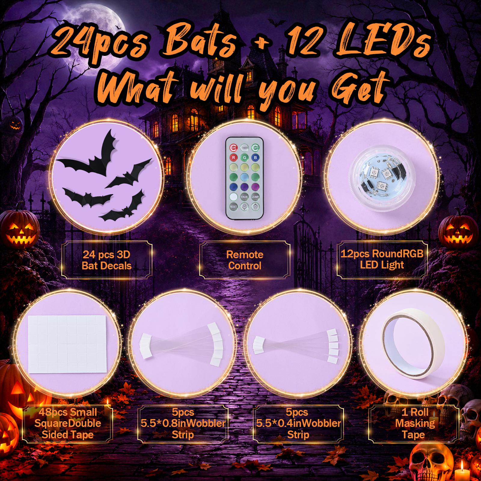 24 PCS Halloween 3D Bat Wall Decoration with 12 LED Lights, Remote Control, 13 Colors, 6H Timer, Thick PET Stickers (10 Sizes) & Painter's Tape - Halloween Decor for Walls, Windows, Creepy Vibe Parties, Led Lighting 24 PCS Halloween 3D Bat Wall Decoration with 12 LED Lights, Remote Control, 13 Colors, 6H Timer, Thick PET Stickers (10 Sizes) & Painter's Tape - Halloween Decor for Walls, Windows, Creepy Vibe Parties, Led Lighting