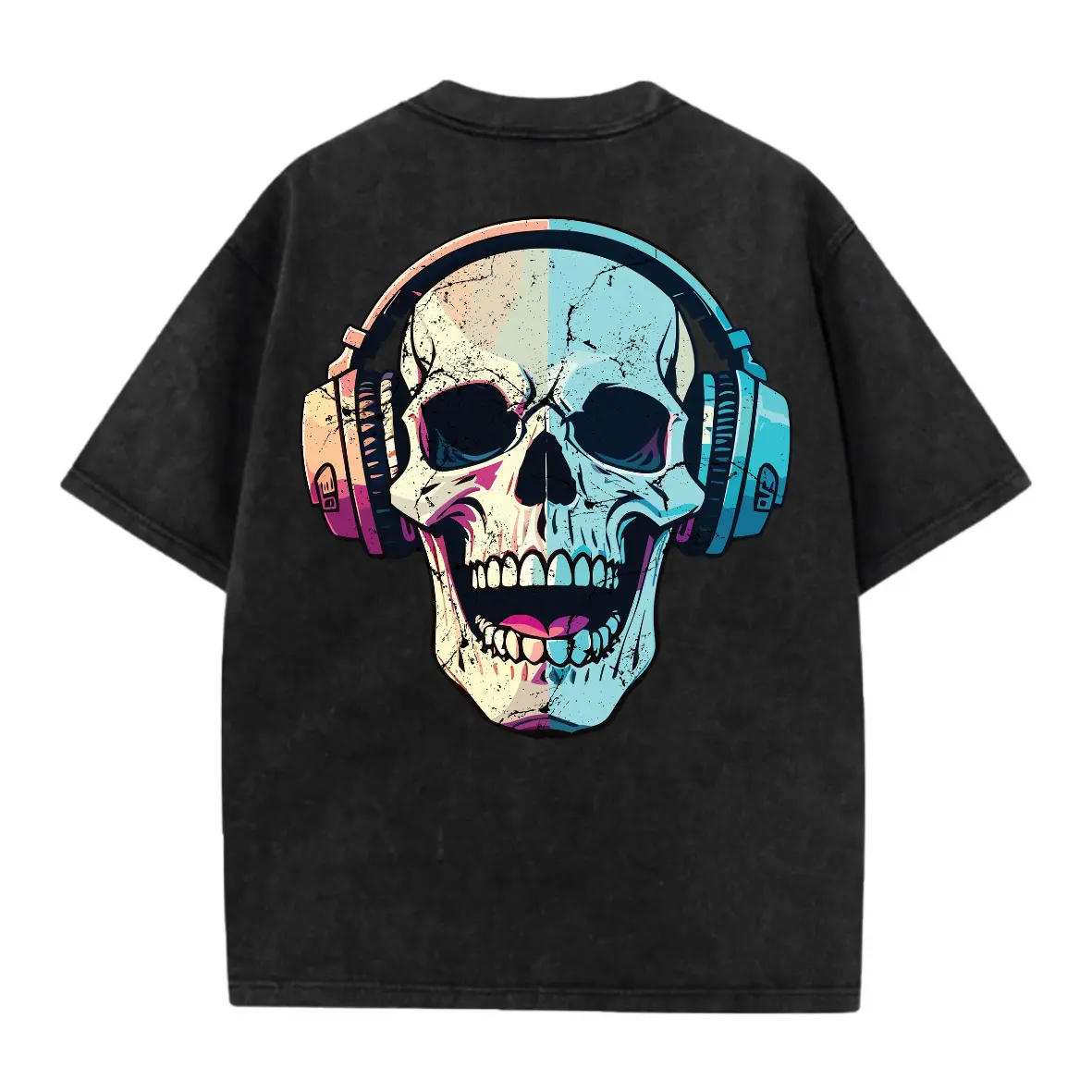 Neon DJ Skull Back Print Tee | Oversized Acid Wash Black Shirt with Rave Aesthetic Graphic | Cyber Grunge Music Festival Top | Trending Unisex Fit
