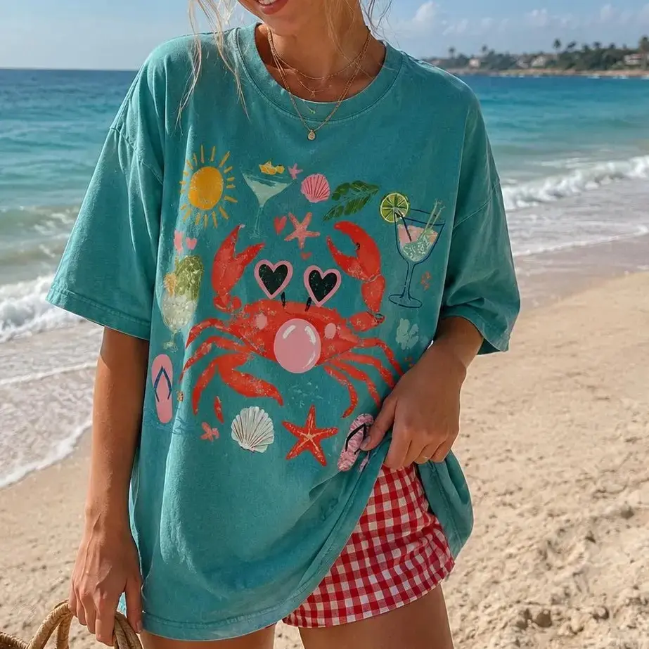 Women's Soft Cotton Round Neck Short Sleeves A-Type Digital Print Crab Graphic Coastal Tee - Basic Look Everyday Casual Streetwear, Ocean Lover Gift