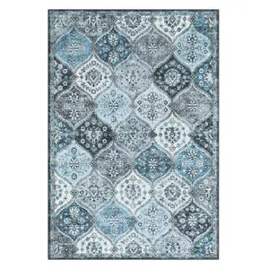 Washable Vintage Floral Print Area Rug Low Pile Non Slip Floor Cover for Living Room Bedroom Home Decor Throw Carpet Grey/Blue 5 x 7(ft)