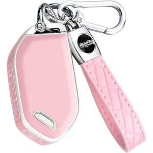 Key Fob Cover for KIA with Leather Keychain, Premium TPU Key Case Shell for Kia Telluride, Sorento X-Line, K4/K5 GT-Line Remote Smart Key Fob Protector (5 Buttons, Pink)