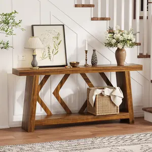 Extra Long All Wood Console Table 70.9 Inch Sofa Table Behind Couch with Stable Trapezoid Structure 2 Tier Narrow Entryway Table Hallway Stand for Living Room