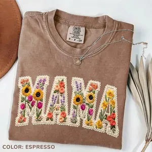 Comfort Colors Mama Patchwork Flower Printed T-shirt, Faux Sunflower Tee, Retro Floral Mama T-shirt, Mother's Day, Cottagecore Mom