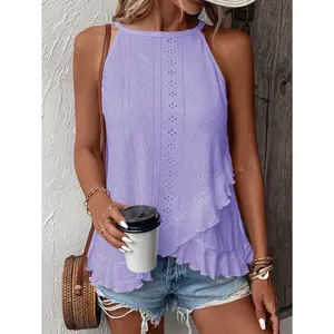 SHEIN LUNE Women's Asymmetrical Ruffle Hem Halter Neck Tank Top