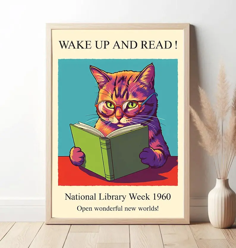 Wake Up and Read!  Cat Reading Poster  National Library Week 1960